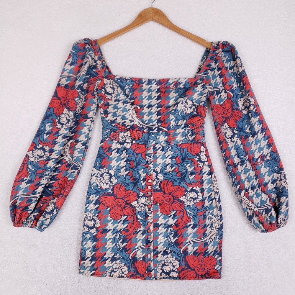 By Egreis Mini Dress M Square Neck Puffy Balloon‎ Sleeve Blue Red Floral Retro